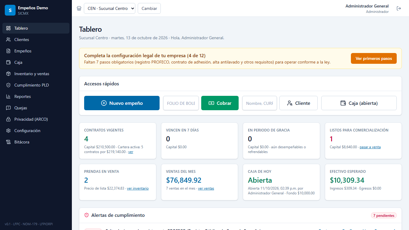 Tablero de SICMX en una laptop: accesos rápidos, contratos vigentes y caja
